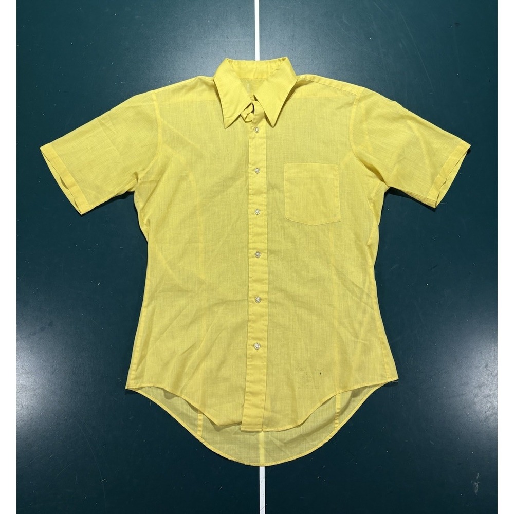 Vintage 70s Sears Shirt Men's 15  Pastel Yellow Dagger Collar Disco Short Sleeve